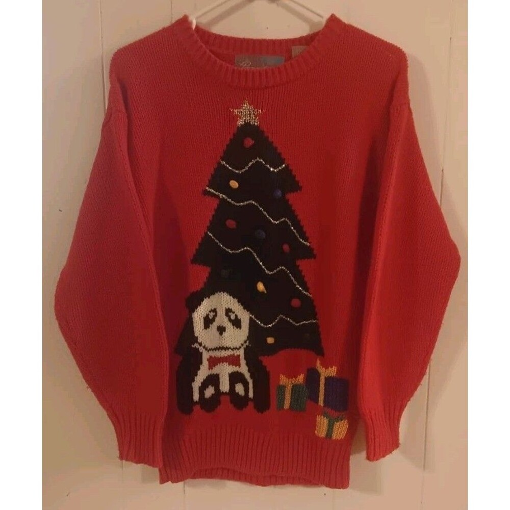Vintage Pinwheels Red Knit Sweater Size M Panda Bear Christmas Tree Ugly Retro